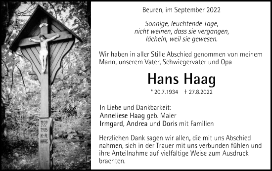 Traueranzeige von Hans Haag von Gmünder Tagespost