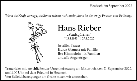 Traueranzeige von Hans Rieber von Gmünder Tagespost