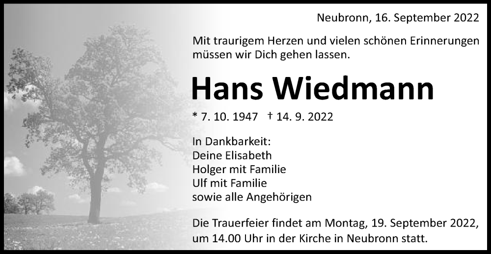 Traueranzeige für Hans Wiedmann vom 16.09.2022 aus Schwäbische Post