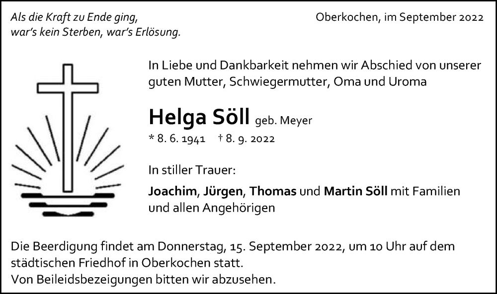  Traueranzeige für Helga Söll vom 12.09.2022 aus Schwäbische Post