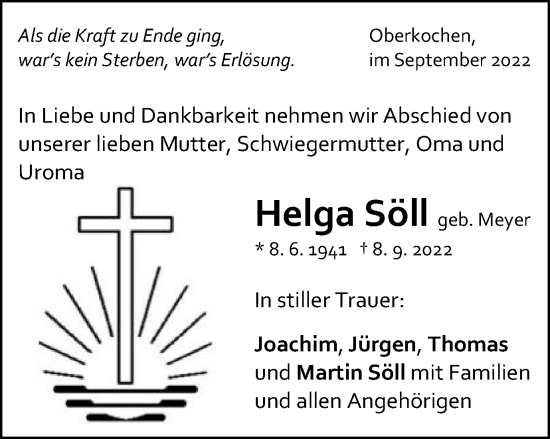 Traueranzeige von Helga Söll von Amtsblatt_Oko