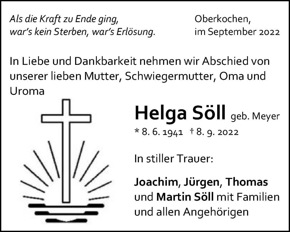  Traueranzeige für Helga Söll vom 16.09.2022 aus Amtsblatt_Oko