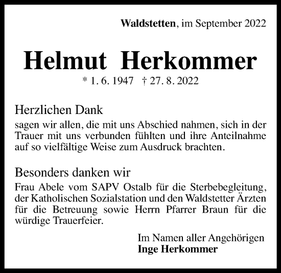 Traueranzeige von Helmut Herkommer von Gmünder Tagespost