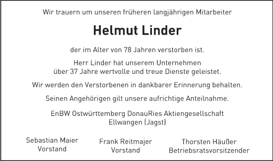 Traueranzeige von Helmut Linder von Schwäbische Post