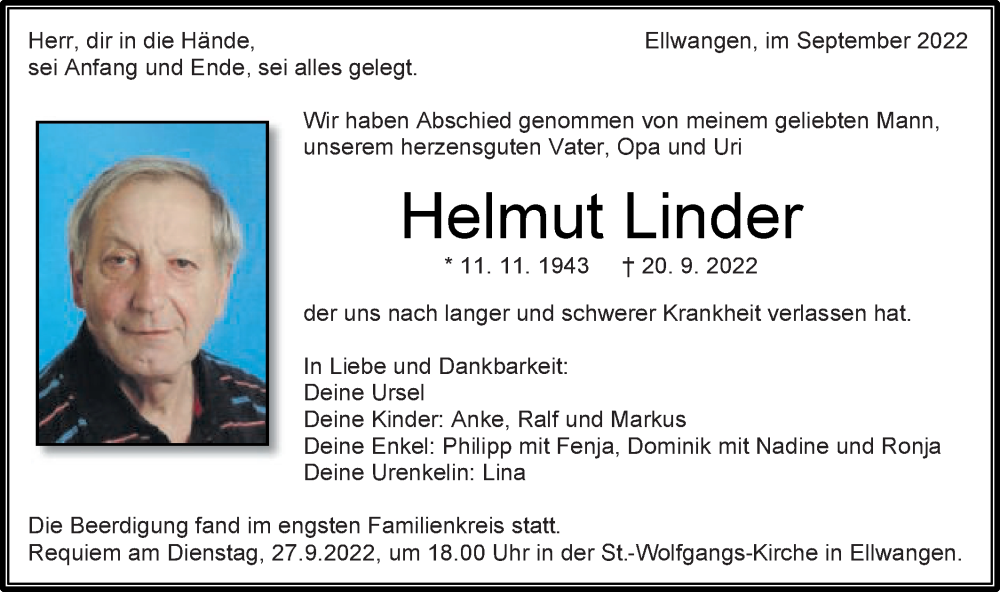  Traueranzeige für Helmut Linder vom 24.09.2022 aus Schwäbische Post