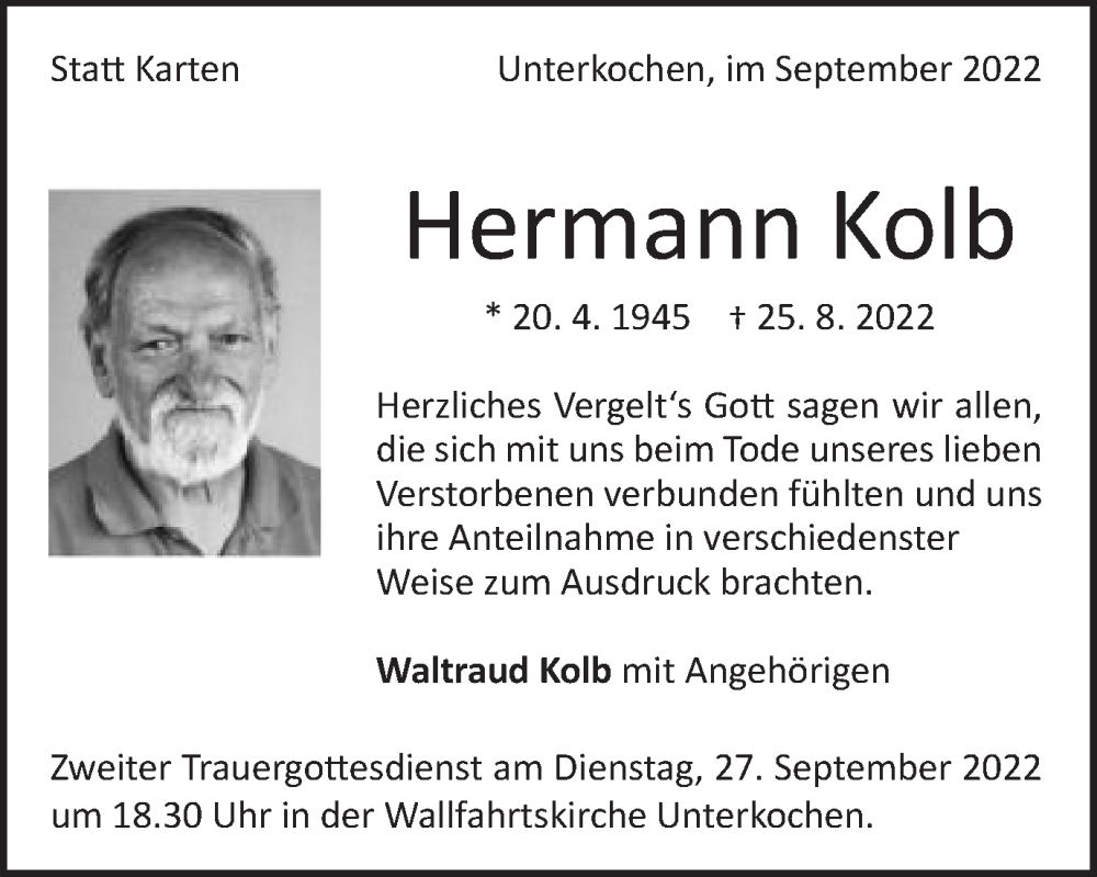  Traueranzeige für Hermann Kolb vom 24.09.2022 aus Schwäbische Post
