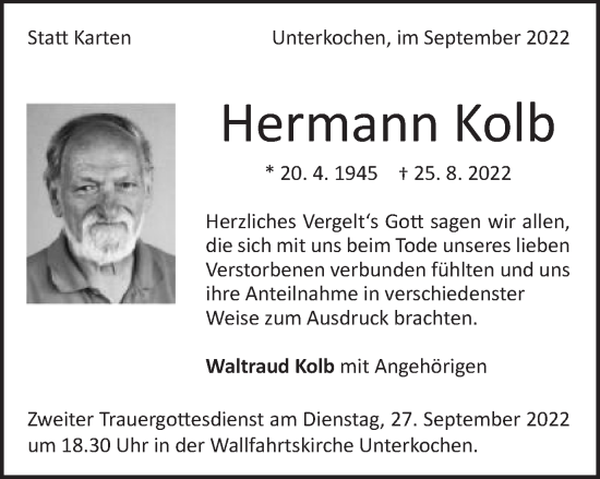 Traueranzeige von Hermann Kolb von Schwäbische Post