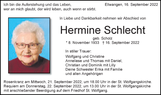 Traueranzeige von Hermine Schlecht von Schwäbische Post