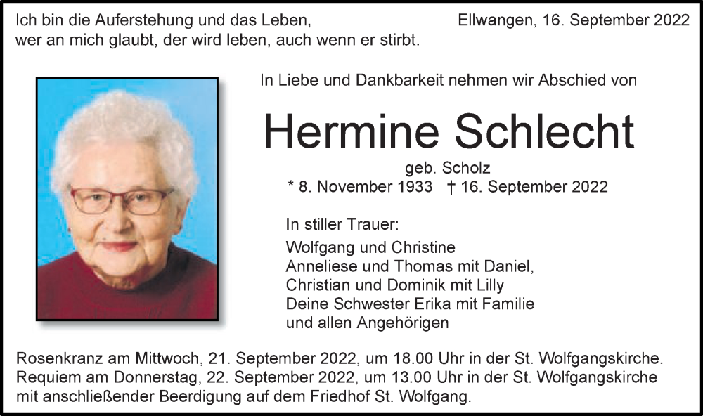  Traueranzeige für Hermine Schlecht vom 20.09.2022 aus Schwäbische Post