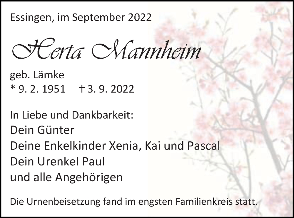  Traueranzeige für Herta Mannheim vom 12.09.2022 aus Schwäbische Post