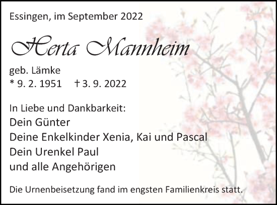 Traueranzeige von Herta Mannheim von Schwäbische Post