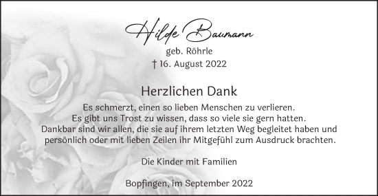 Traueranzeige von Hilde Baumann von Bopfinger Stadtanzeiger