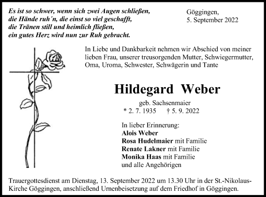 Traueranzeige von Hildegard Weber