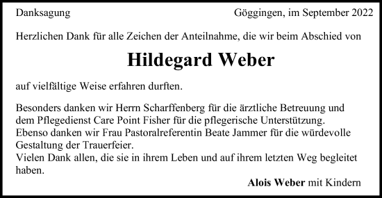Traueranzeige von Hildegard Weber