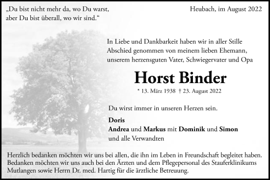 Traueranzeige von Horst Binder von Gmünder Tagespost