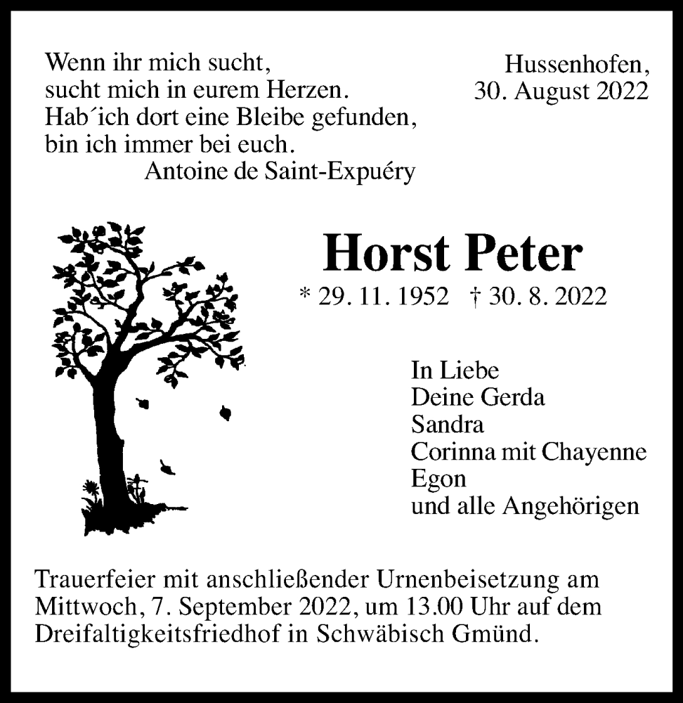  Traueranzeige für Horst Peter vom 06.09.2022 aus Gmünder Tagespost