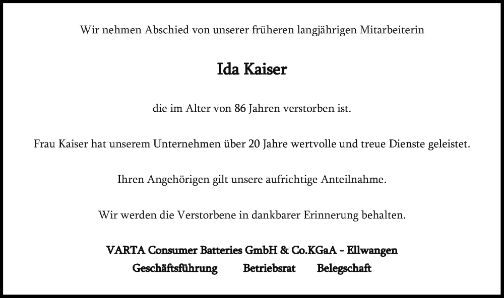  Traueranzeige für Ida Kaiser vom 09.09.2022 aus Schwäbische Post
