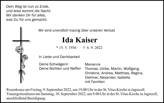 Traueranzeige von Ida Kaiser von Schwäbische Post