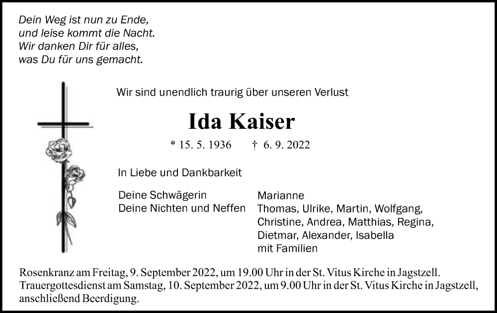  Traueranzeige für Ida Kaiser vom 08.09.2022 aus Schwäbische Post