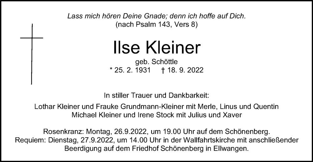  Traueranzeige für Ilse Kleiner vom 23.09.2022 aus Schwäbische Post
