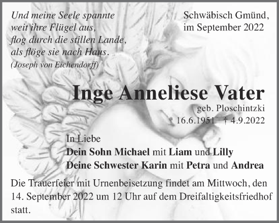 Traueranzeige von Inge Anneliese Vater von Gmünder Tagespost