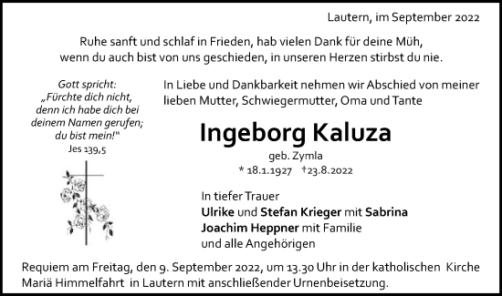 Traueranzeige von Ingeborg Kaluza von Gmünder Tagespost