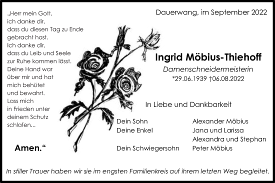 Traueranzeige von Ingrid Möbius-Thiehoff von Schwäbische Post