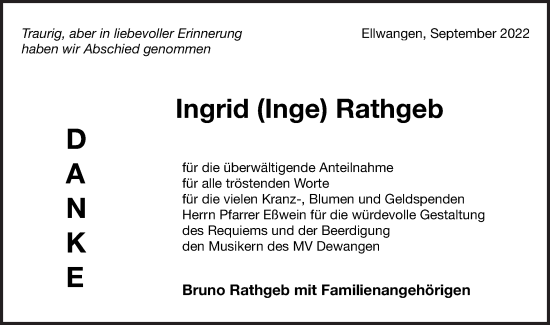 Traueranzeige von Ingrid Rathgeb von Schwäbische Post