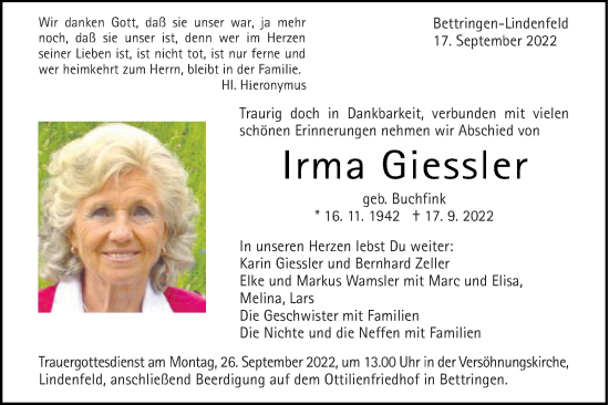 Traueranzeige von Irma Giessler von Gmünder Tagespost