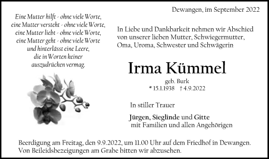 Traueranzeige von Irma Kümmel von Schwäbische Post