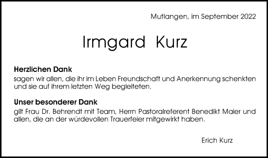 Traueranzeige von Irmgard Kurz von Gmünder Tagespost
