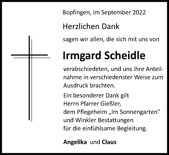 Traueranzeige von Irmgard Scheidle von Schwäbische Post