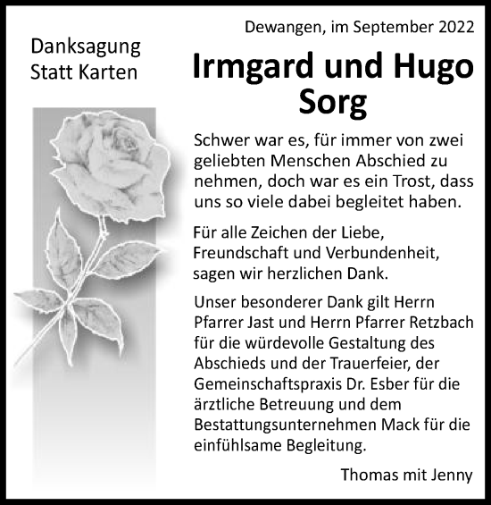 Traueranzeige von Irmgard und Hugo Sorg von Schwäbische Post