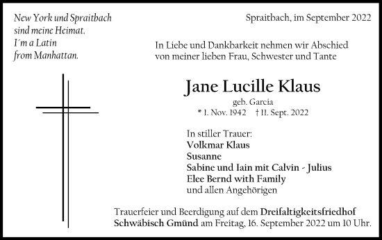 Traueranzeige von Jane Lucille Klaus von Gmünder Tagespost