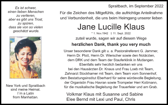 Traueranzeige von Jane Lucille Klaus von Gmünder Tagespost