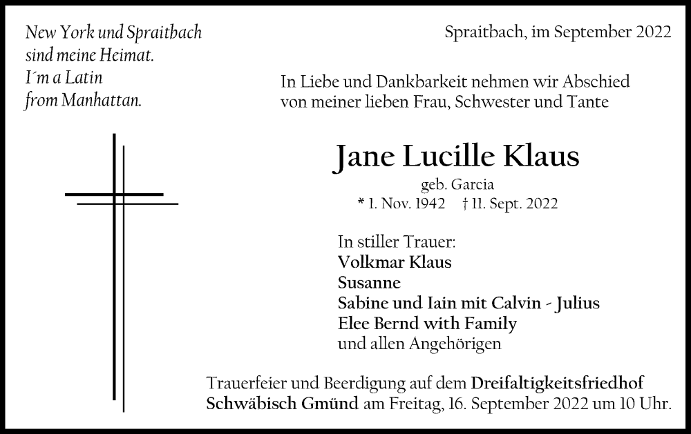  Traueranzeige für Jane Lucille Klaus vom 14.09.2022 aus Gmünder Tagespost