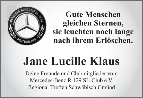 Traueranzeige von Jane Lucille Klaus von Gmünder Tagespost