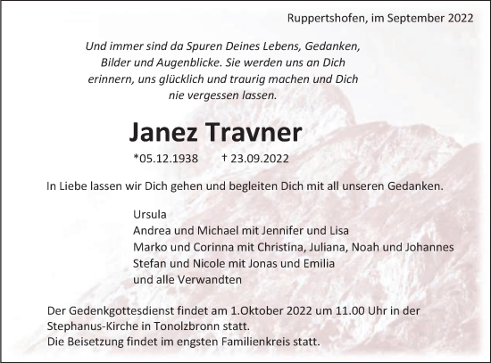 Traueranzeige von Janez Travner von Gmünder Tagespost