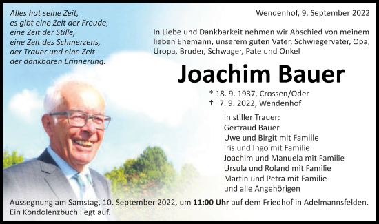 Traueranzeige von Joachim Bauer von Schwäbische Post