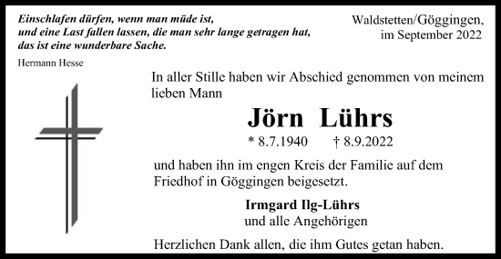 Traueranzeige von Jörn Lührs von Gmünder Tagespost