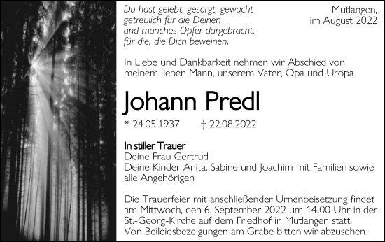 Traueranzeige von Johann Predl von Gmünder Tagespost