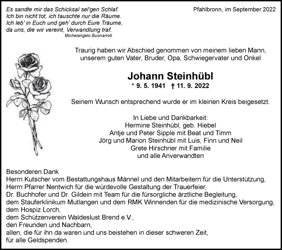 Traueranzeige von Johann Steinhübl von Gmünder Tagespost
