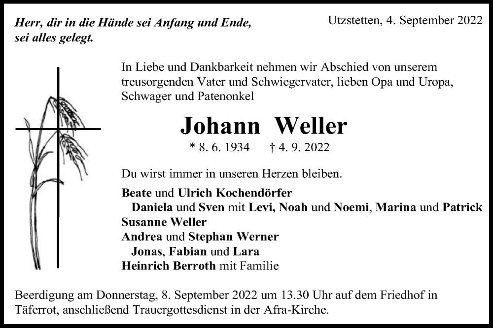  Traueranzeige für Johann Weller vom 06.09.2022 aus Gmünder Tagespost