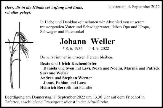 Traueranzeige von Johann Weller