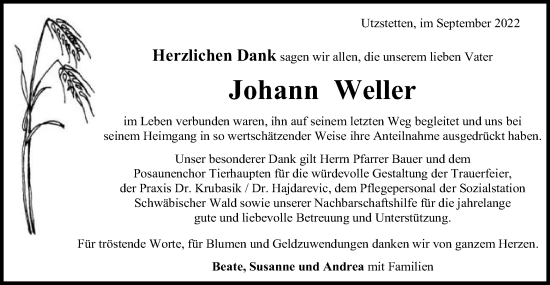 Traueranzeige von Johann Weller