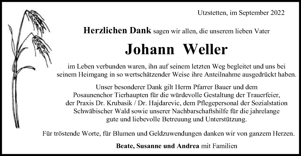  Traueranzeige für Johann Weller vom 20.09.2022 aus Gmünder Tagespost