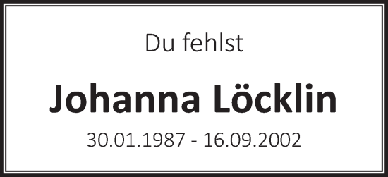 Traueranzeige von Johanna Löcklin von Schwäbische Post