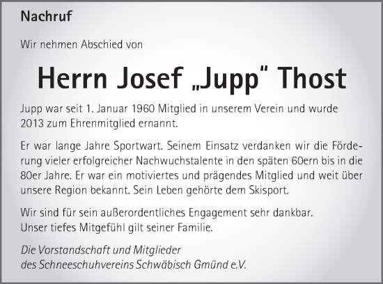 Traueranzeige von Josef  Thost von Gmünder Tagespost