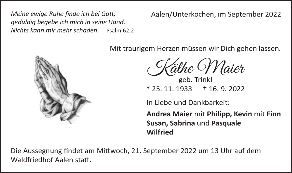  Traueranzeige für Käthe Maier vom 19.09.2022 aus Schwäbische Post