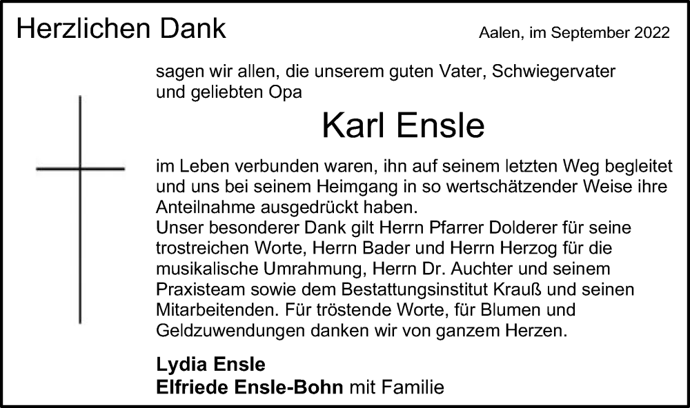  Traueranzeige für Karl Ensle vom 24.09.2022 aus Schwäbische Post